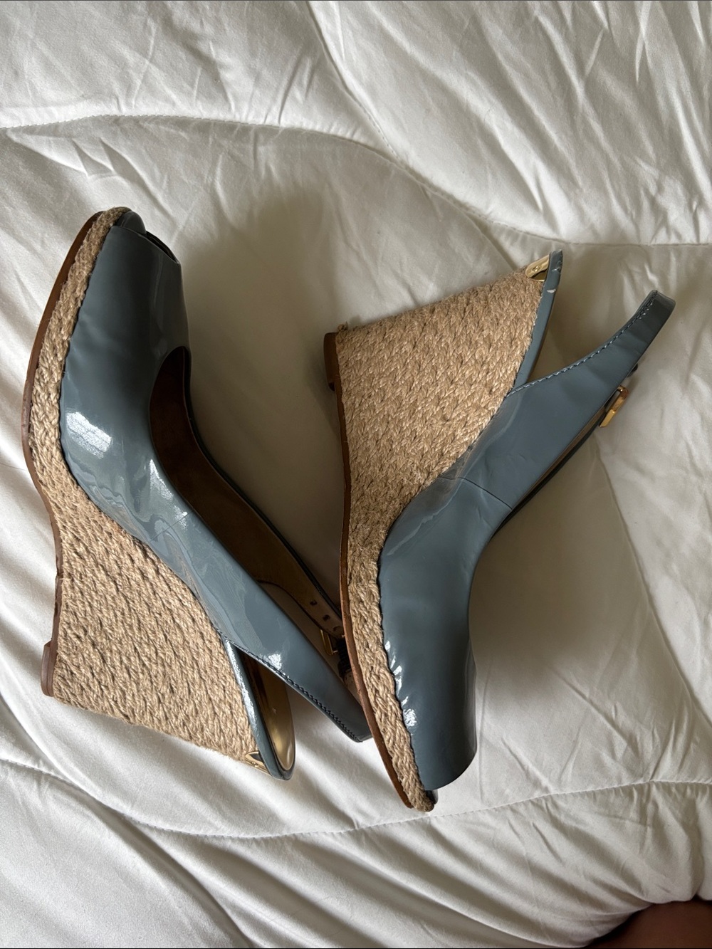 Michael Kors Slate Blue Patent Peep-Toe Slingback Wedges - Picture 3 of 5